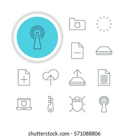 Vector Illustration Of 12 Web Icons. Editable Pack Of Router, Secure Laptop, Document Adding And Other Elements.