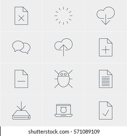 Vector Illustration Of 12 Web Icons. Editable Pack Of Waiting, Data Upload, Document Adding And Other Elements.