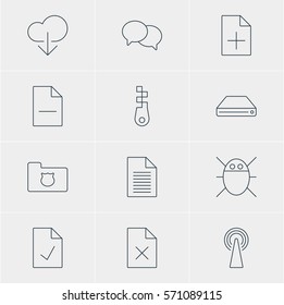 Vector Illustration Of 12 Web Icons. Editable Pack Of Document Adding, Data Upload, Checked Note And Other Elements.
