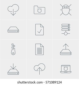 Vector Illustration Of 12 Web Icons. Editable Pack Of Computer Virus, Fastener, Cloud Download And Other Elements.