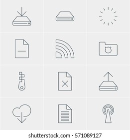 Vector Illustration Of 12 Web Icons. Editable Pack Of Wireless Network, Hard Drive Disk, Delete Data And Other Elements.