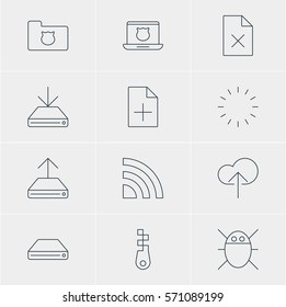 Vector Illustration Of 12 Web Icons. Editable Pack Of Privacy Doc, Information Load, Document Adding And Other Elements.