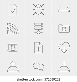 Vector Illustration Of 12 Web Icons. Editable Pack Of Data Upload, Privacy Doc, Talking And Other Elements.