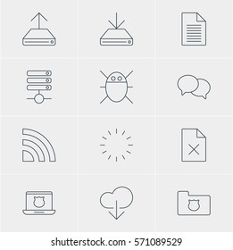 Vector Illustration Of 12 Web Icons. Editable Pack Of Secure Laptop, Wireless Network, Hdd Sync And Other Elements.