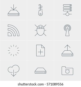 Vector Illustration Of 12 Web Icons. Editable Pack Of Fastener, Data Upload, Wireless Network And Other Elements.
