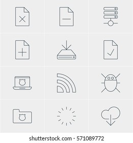 Vector Illustration Of 12 Web Icons. Editable Pack Of Wireless Network, Removing File, Computer Virus And Other Elements.