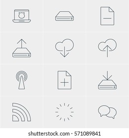 Vector Illustration Of 12 Web Icons. Editable Pack Of Hard Drive Disk, Removing File, Document Adding And Other Elements.