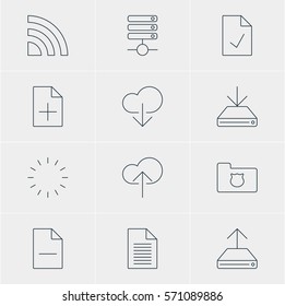 Vector Illustration Of 12 Web Icons. Editable Pack Of Waiting, Information Load, Removing File And Other Elements.