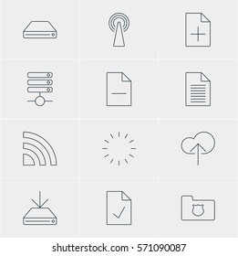 Vector Illustration Of 12 Web Icons. Editable Pack Of Cloud Download, Document Adding, Router And Other Elements.