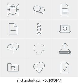 Vector Illustration Of 12 Web Icons. Editable Pack Of Hdd Sync, Checked Note, Secure Laptop And Other Elements.