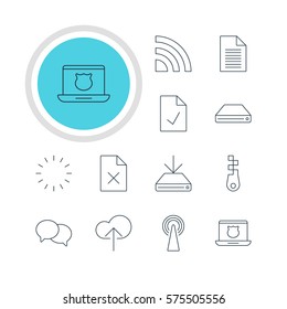 Vector Illustration Of 12 Web Icons. Editable Pack Of Fastener, Information Load, Secure Laptop And Other Elements.