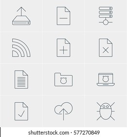 Vector Illustration Of 12 Web Icons. Editable Pack Of Checked Note, Computer Virus, Removing File And Other Elements.