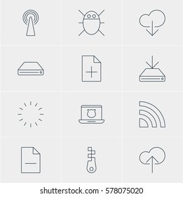Vector Illustration Of 12 Web Icons. Editable Pack Of Data Upload, Removing File, Router And Other Elements.