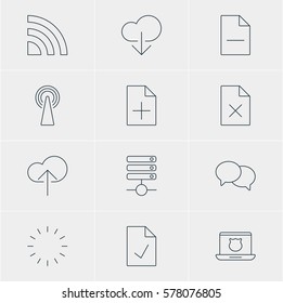 Vector Illustration Of 12 Web Icons. Editable Pack Of Data Upload, Document Adding, Wireless Network And Other Elements.