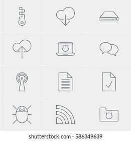 Vector Illustration Of 12 Web Icons. Editable Pack Of Note, Privacy Doc, Talking And Other Elements.