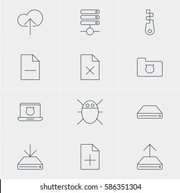 Vector Illustration Of 12 Web Icons. Editable Pack Of Delete Data, Fastener, Document Adding And Other Elements.