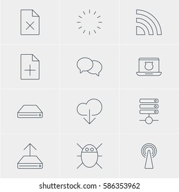 Vector Illustration Of 12 Web Icons. Editable Pack Of Data Upload, Talking, Delete Data And Other Elements.