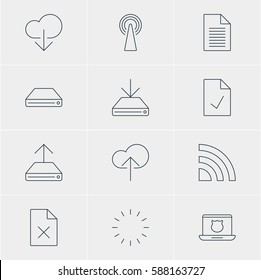 Vector Illustration Of 12 Web Icons. Editable Pack Of Wireless Network, Secure Laptop, Hard Drive Disk And Other Elements.
