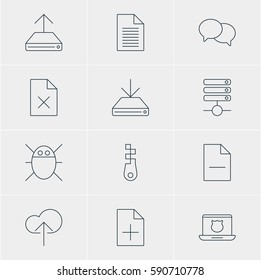Vector Illustration Of 12 Web Icons. Editable Pack Of Server, Note, Secure Laptop And Other Elements.