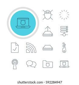 Vector Illustration Of 12 Web Icons. Editable Pack Of Privacy Doc, Checked Note, Secure Laptop And Other Elements.