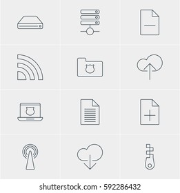 Vector Illustration Of 12 Web Icons. Editable Pack Of Document Adding, Cloud Download, Removing File And Other Elements.