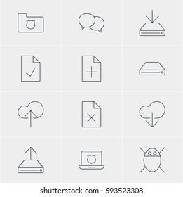 Vector Illustration Of 12 Web Icons. Editable Pack Of Information Load, Data Upload, Document Adding And Other Elements.