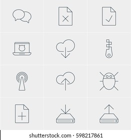 Vector Illustration Of 12 Web Icons. Editable Pack Of Data Upload, Information Load, Router And Other Elements.