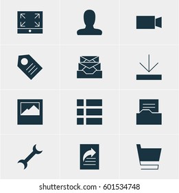 Vector Illustration Of 12 Web Icons. Editable Pack Of Landscape Photo, Coupon , Maximize Elements.