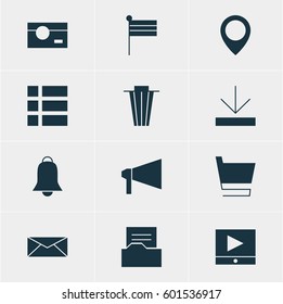 Vector Illustration Of 12 Web Icons. Editable Pack Of Trolley, Letter, Document Directory And Other Elements.