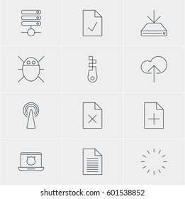 Vector Illustration Of 12 Web Icons. Editable Pack Of Document Adding, Fastener, Waiting And Other Elements.