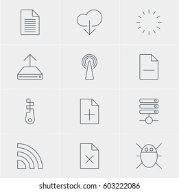 Vector Illustration Of 12 Web Icons. Editable Pack Of Router, Server, Note And Other Elements.
