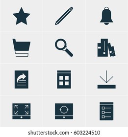 Vector Illustration Of 12 Web Icons. Editable Pack Of Board, Magnifier, Bookshelf And Other Elements.