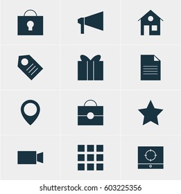 Vector Illustration Of 12 Web Icons. Editable Pack Of House, Gift, Grid And Other Elements.