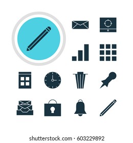 Vector Illustration Of 12 Web Icons. Editable Pack Of Notification, Target Scope, Grid And Other Elements.