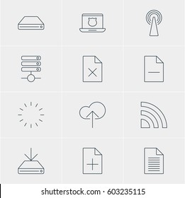 Vector Illustration Of 12 Web Icons. Editable Pack Of Secure Laptop, Server, Document Adding And Other Elements.
