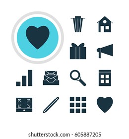 Vector Illustration Of 12 Web Icons. Editable Pack Of Love, Grid, Messages And Other Elements.