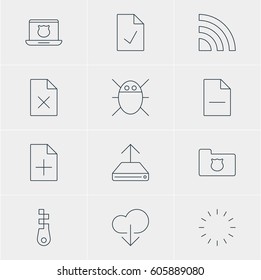 Vector Illustration Of 12 Web Icons. Editable Pack Of Fastener, Removing File, Checked Note And Other Elements.