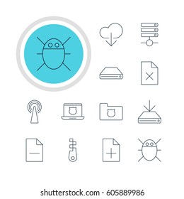 Vector Illustration Of 12 Web Icons. Editable Pack Of Server, Data Upload, Router And Other Elements.