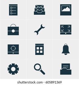 Vector Illustration Of 12 Web Icons. Editable Pack Of Portfolio, Magnifier, Landscape Photo Elements.