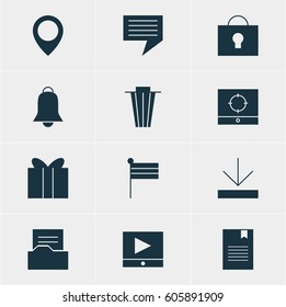 Vector Illustration Of 12 Web Icons. Editable Pack Of Bookmark, Play Button, Target Scope And Other Elements.