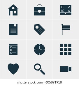 Vector Illustration Of 12 Web Icons. Editable Pack Of Bookmark, Maximize, Map Marker And Other Elements.