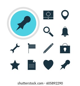 Vector Illustration Of 12 Web Icons. Editable Pack Of Thumbtack, Bookmark, Keyhole And Other Elements.
