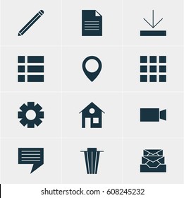 Vector Illustration Of 12 Web Icons. Editable Pack Of Pen, Trash, Map Pointer And Other Elements.