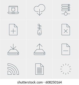 Vector Illustration Of 12 Web Icons. Editable Pack Of Server, Hdd Sync, Document Adding And Other Elements.