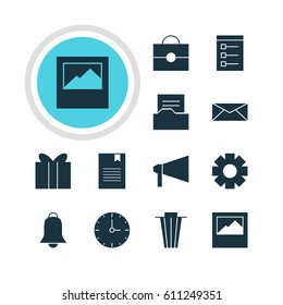 Vector Illustration Of 12 Web Icons. Editable Pack Of Bullhorn, Board, Letter And Other Elements.