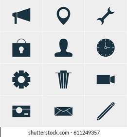 Vector Illustration Of 12 Web Icons. Editable Pack Of Clock, Account, Trash And Other Elements.