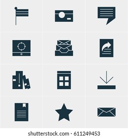 Vector Illustration Of 12 Web Icons. Editable Pack Of Upload, Date Time, Chat And Other Elements.