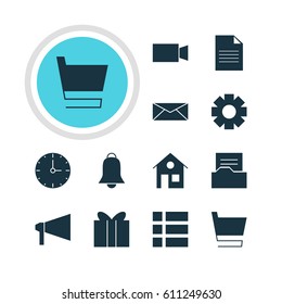 Vector Illustration Of 12 Web Icons. Editable Pack Of Notification, Letter, Bullhorn And Other Elements.