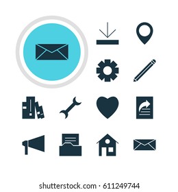 Vector Illustration Of 12 Web Icons. Editable Pack Of Upload, Settings, Pen And Other Elements.