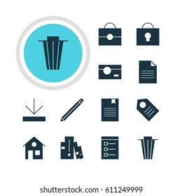 Vector Illustration Of 12 Web Icons. Editable Pack Of Trash, Upload, Bookshelf And Other Elements.